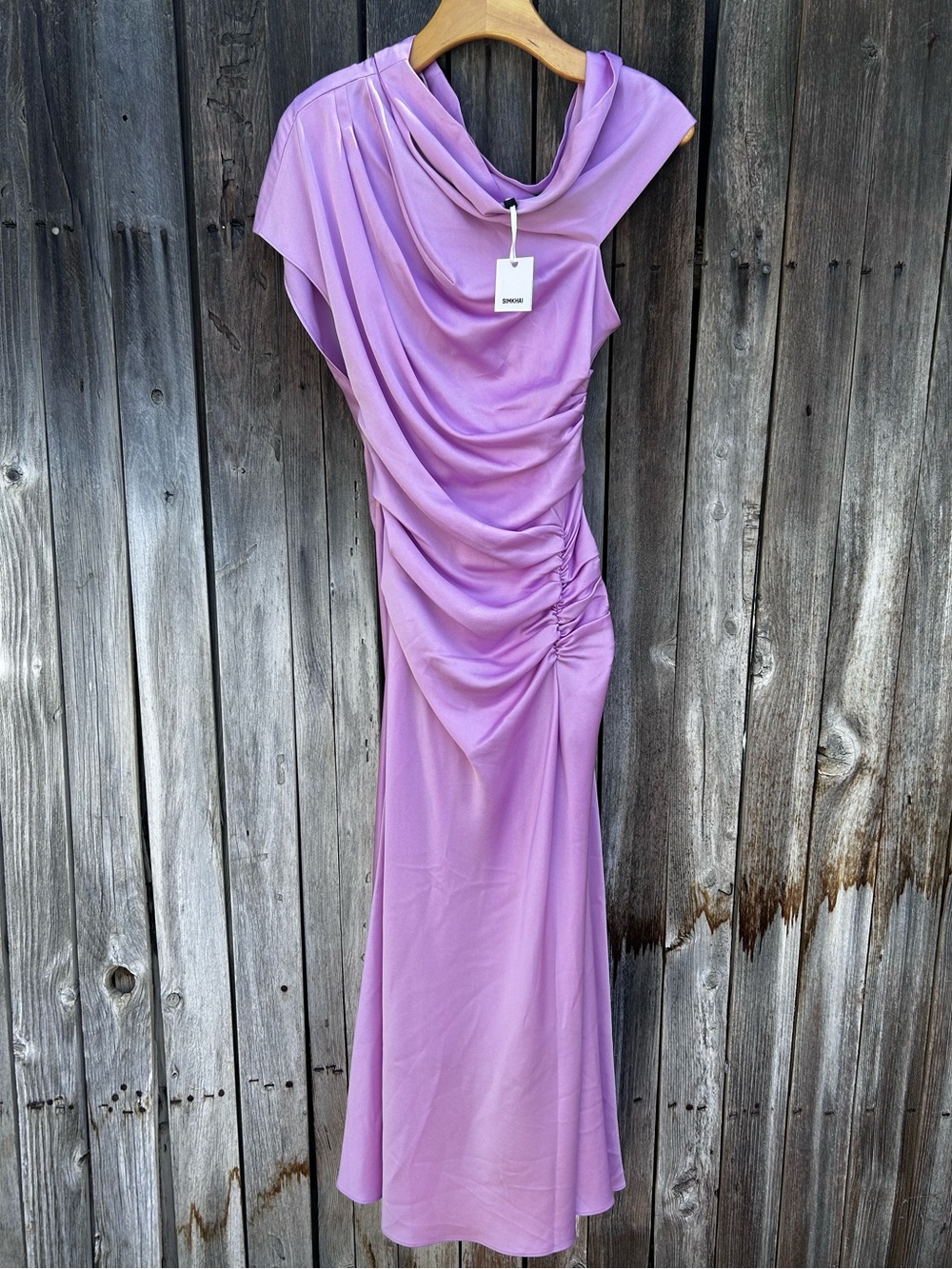 NWT Simkhai Joanna One Shoulder Gathered Satin Midi Dress Lilac Orchid Purple 4